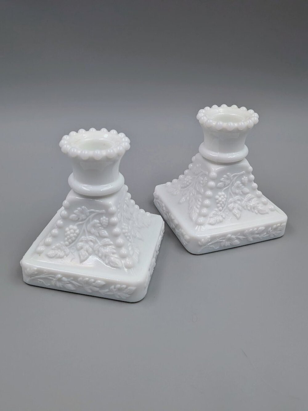 Pair of Vintage Westmoreland Milk Glass Candlestick Holders - Beaded Paneled Gra